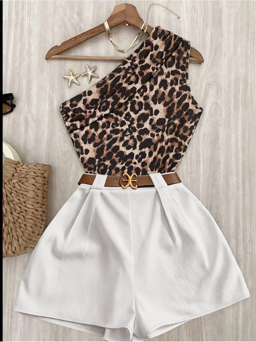 Leopard One-Shoulder Top and White Shorts Set